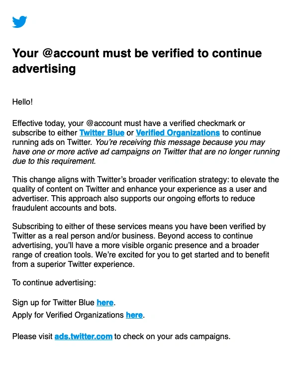 Ein Screenshot von einer Meldung mit dem Hinweis, dass Account verifiziert werden muss für weitere Werbetätigkeiten.