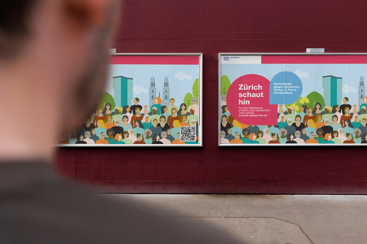 Plakat der Kampagne Zürich schaut hin an einer öffentlichen Plakatwand